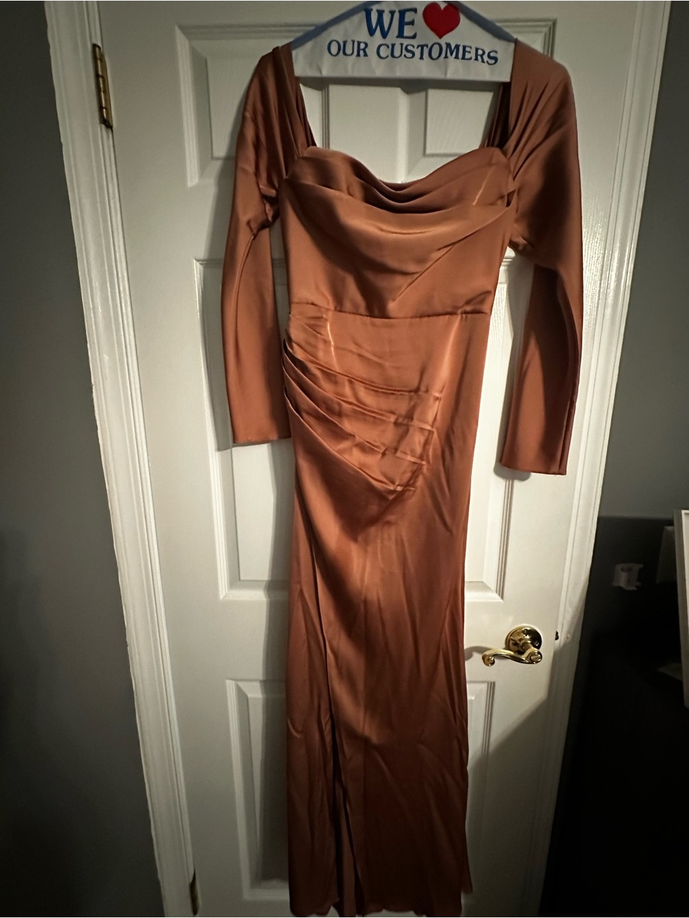 Azazie Copper Satin Long Sleeve Cowl Neck Gown